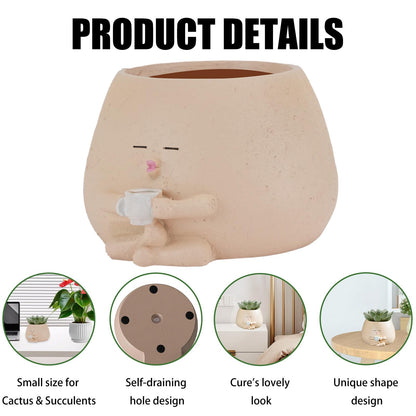FHDUSRYO Smiley Face Planter Pot, 2Pcs Cute Resin Flower Head Planters for Indoor Outdoor, Unique Sit Succulent Pots with Drainage Hole for Mothers Day, Teacher, Plant Lovers (Drink)