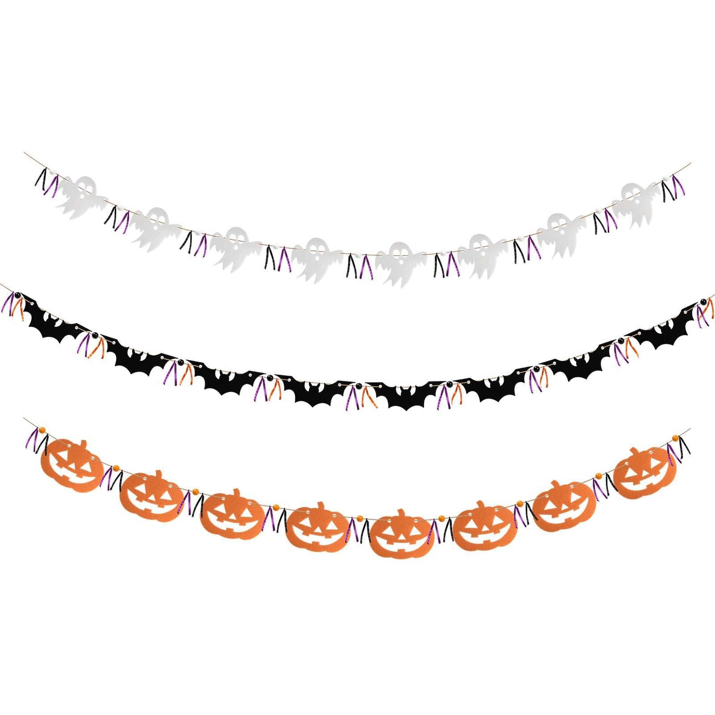 FuSenYuan Halloween Felt Garland Set of 3 (Pre-Strung) Ghost Bat Pumpkin Garland with Wooden Beads and Ribbons Felt Halloween Hanging Garland Banner for Party Mantle Home Wall Decor