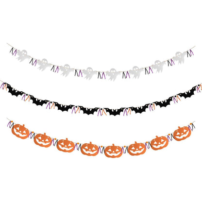 FuSenYuan Halloween Felt Garland Set of 3 (Pre-Strung) Ghost Bat Pumpkin Garland with Wooden Beads and Ribbons Felt Halloween Hanging Garland Banner for Party Mantle Home Wall Decor