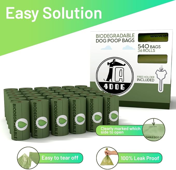 A4DOG Biodegradable Poop Bags for Dogs - 540 Counts Extra Thick, Leak-Proof Dog Poop Bags Rolls, Compostable, Unscented Dog Stuff, Puppy Essentials - 36 Rolls
