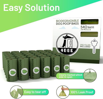 A4DOG Biodegradable Poop Bags for Dogs - 540 Counts Extra Thick, Leak-Proof Dog Poop Bags Rolls, Compostable, Unscented Dog Stuff, Puppy Essentials - 36 Rolls