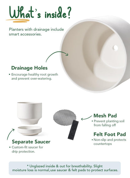 LE TAUCI 12 Inch Pots for Plants with Saucer | Ceramic Outdoor & Indoor Planter Pot for Plants | Drainage Hole, Mesh Pad | Unglazed Porous | Modern for Home, Office and Patio – Chalk White