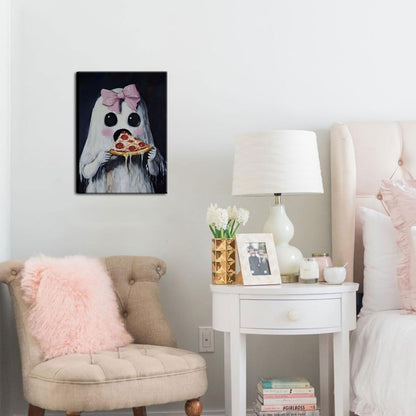 Ghost Wall Art Cute Ghost with Pink Bow Eating Pizza Prints Gothic Spooky Halloween Posters Girly Bedroom Dorm Wall Decor Pictures 12x16in