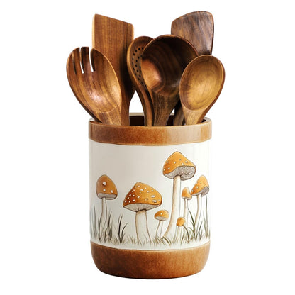 Bicuzat Brown Ceramic Mushroom Pattern Kitchen Utensil Holder, Large Cooking Utensil Crocks for Kitchen Countertop, Ceramic Utensil Organizer