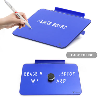 TOWON Navy Blue Glossy Mini Desktop Glass Whiteboard, 8 x 6 in Small Dry Erase Board for Desk with Pen Holder, Pure Glass Writing Surface with Accessories for Executive Office & Aesthetic Home Décor