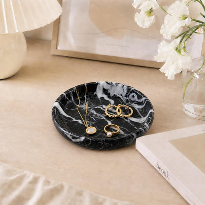Small Natural Marble Jewelry Tray Key Plate Holder Dish Trinket Decor Catch All Bowl for Ring Earring Stone Gift for Women Daugther,Black,5.5"