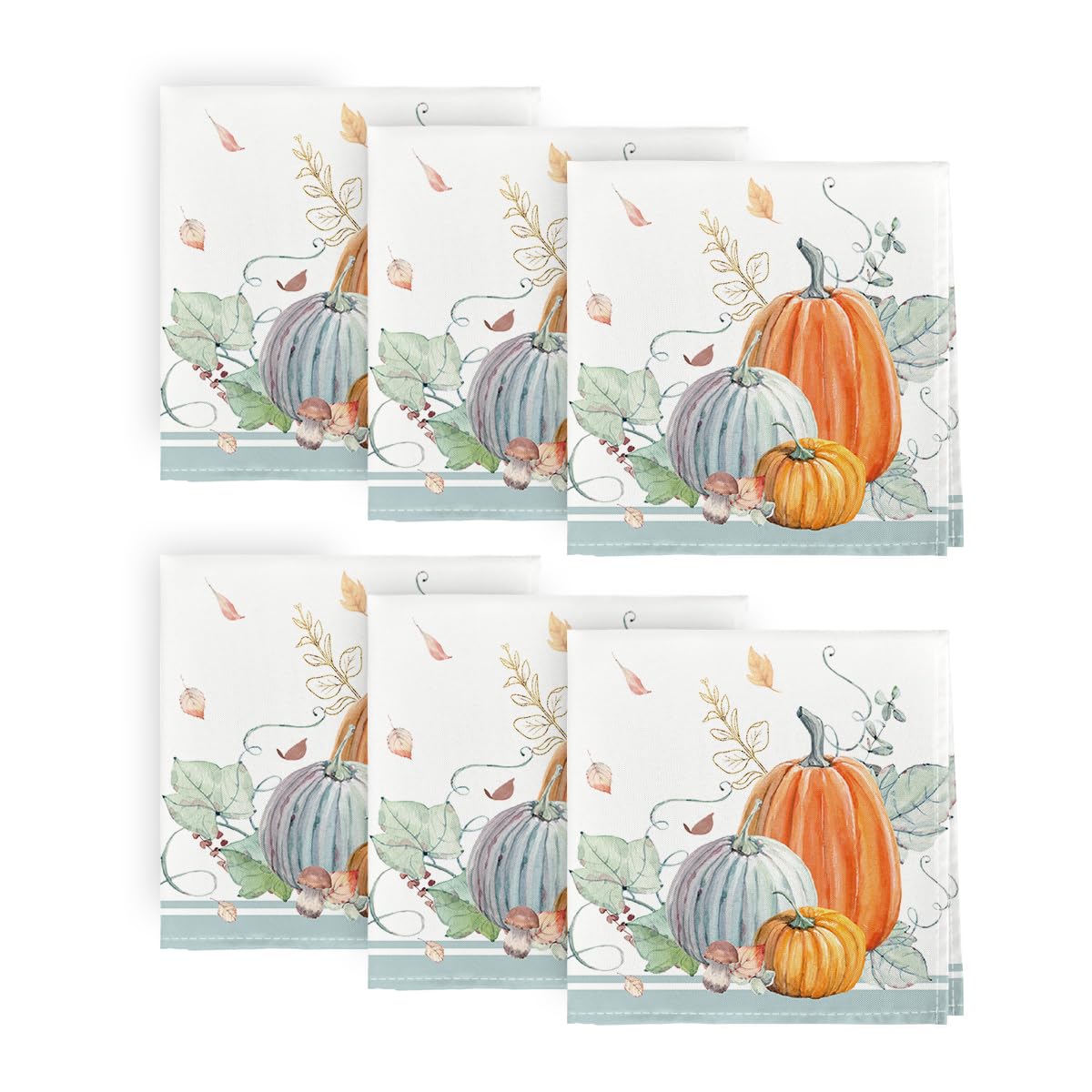 Horaldaily Fall Cloth Napkins 18 x 18 Inch, Thanksgiving Autumn Harvest Orange Blue Pumpkin Leaves Party Dinner Decoration Washable Napkins Set of 6
