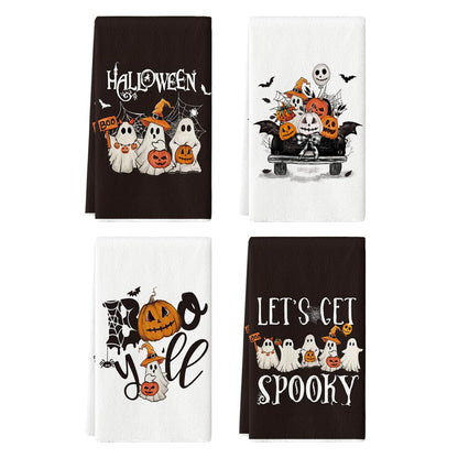 Artoid Mode Ghost Pumpkins Bats Boo Truck Spooky Halloween Kitchen Towels Dish Towels, 18x26 Inch Jack-O'-Lantern Decoration Hand Towels Set of 4