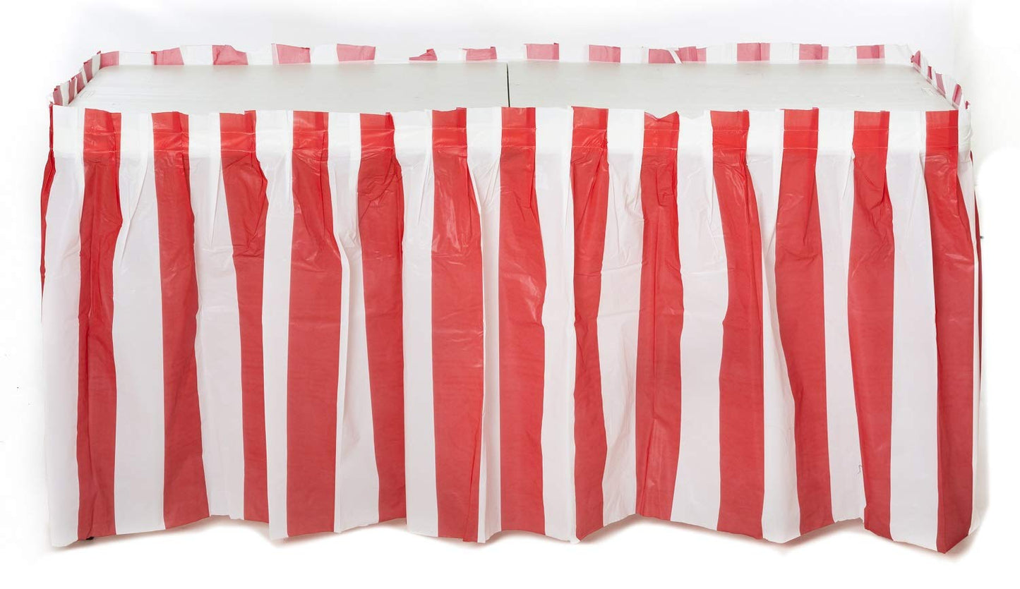 Oojami Pack of 4 Classic Red & White Striped Table Skirts - Perfect for Carnival, Circus Themed Parties, and More - Easy to Apply, 14ft Length Each