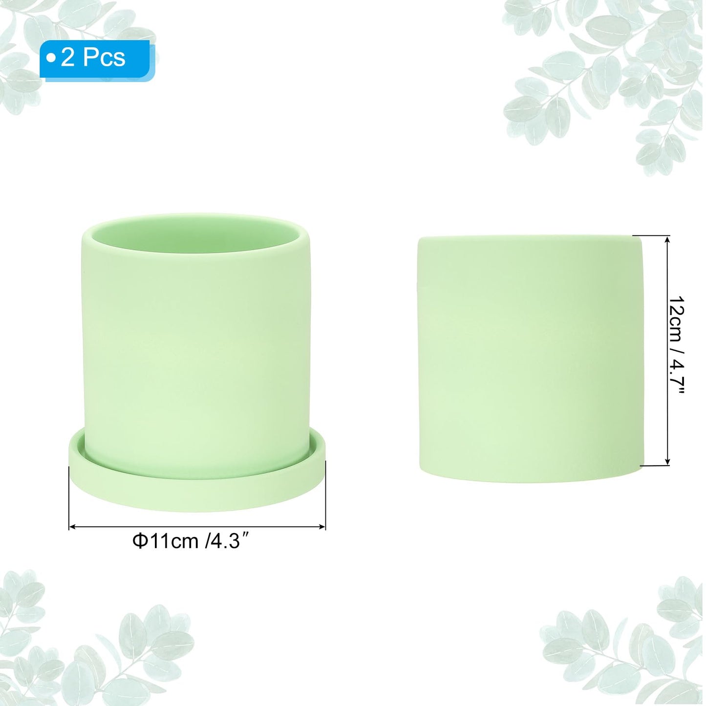 PATIKIL 4.3 Inch Ceramic Plant Pots, 2 Pack Modern Flower Planters with Drainage Holes and Tray for Decorate Home Indoor Plants Succulent Herb, Green