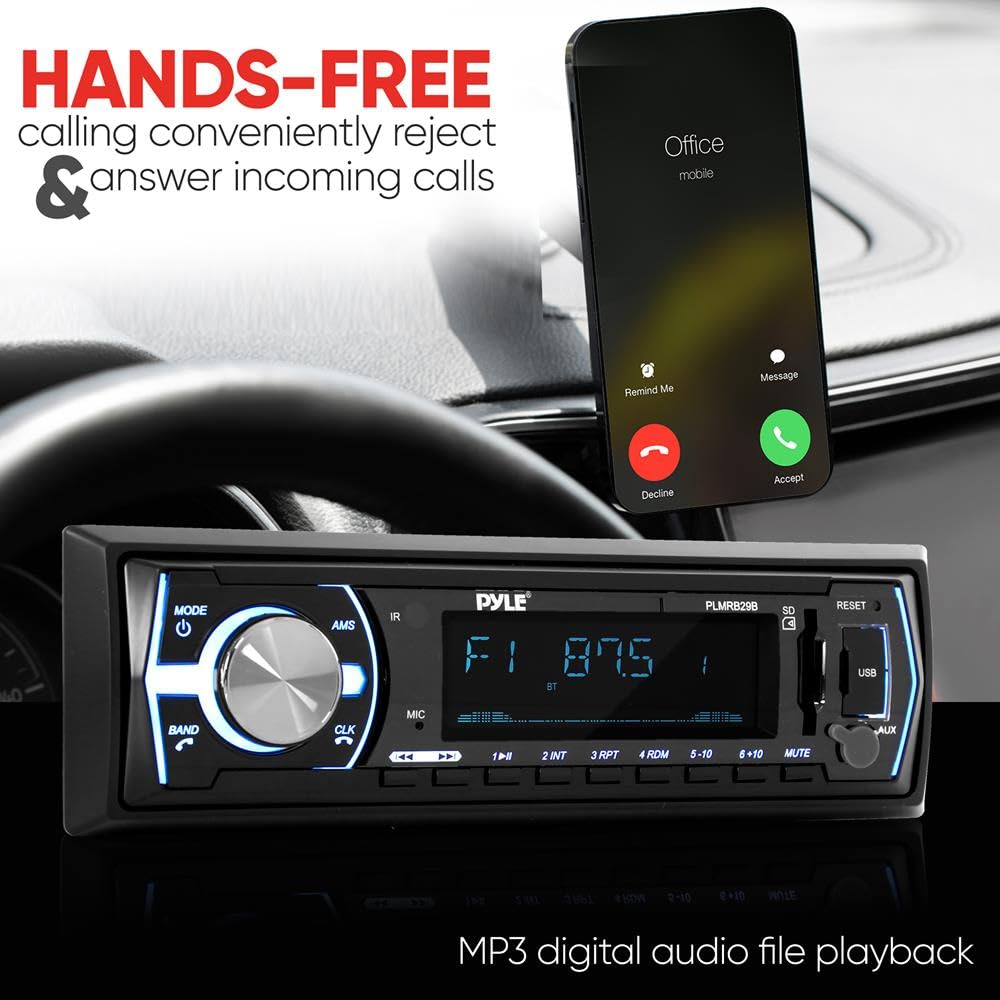 Pyle Marine Bluetooth Stereo Radio - 12v Single DIN Style Boat In dash Radio Receiver System with Built-in Mic, Digital LCD, RCA, MP3, USB, SD, AM FM Radio - Remote Control - PLMRB29B (Black)