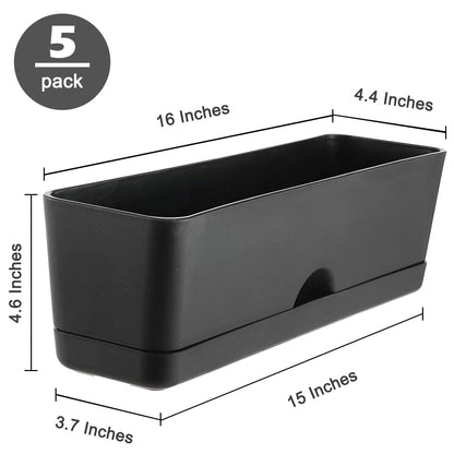 5 Pack Window Boxes Planters 16 Inches Rectangular Planter Herb Planter Boxes Large Plastic Flower Pots Rectangle Black Planter Outdoor and Indoor Succulent Window Sill Planter Self Watering Pots