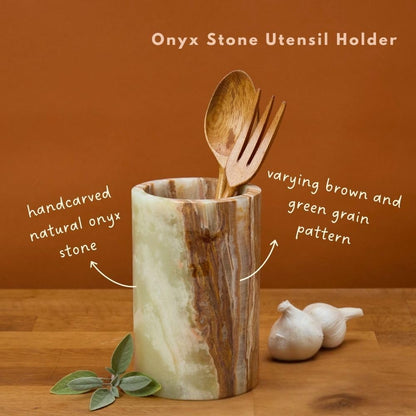 Stone Utensil Holder for Kitchen Countertop, Onyx Marble Stone, 7 Inch Tall