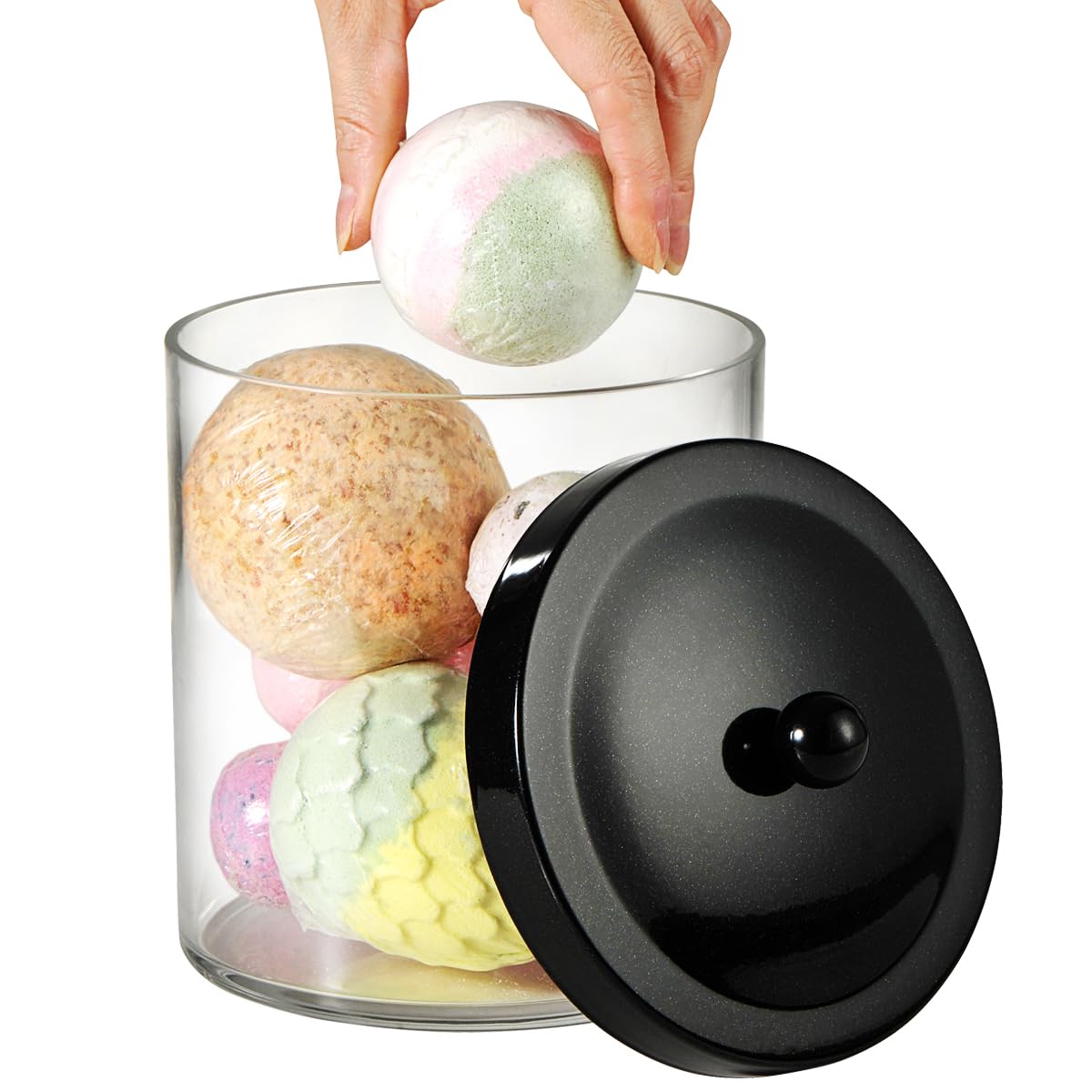 SheeChung 50oz Large Plastic Apothecary Jar with Black Stainless Steel Lid - Shatterproof Laundry Pods Container - Modern Industrial Bathroom & Kitchen Storage Organizer for Scent Beads, Bath Bombs