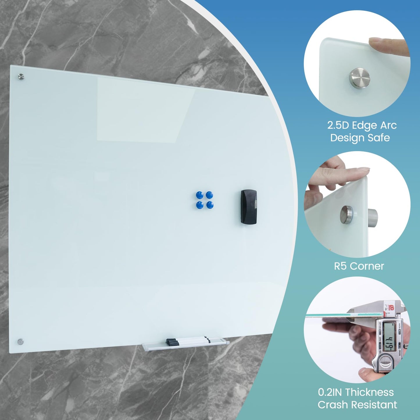 Magnetic Glass Writeboard Tempered Glass Dry Erase Boards Wall Mounted Frameless Whiteboard Bulletin Message Boards (White, 72" Wx36 H)