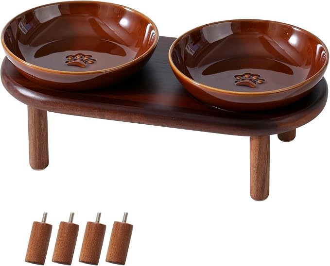 Havniva Elevated Cat Bowls Raised Ceramic Cat Bowl, 5.7” Wide Opening Cat Food Bowl Whisker Friendly Cat Dish Anti-Slip with Wood Stand, Shallow Pet Food & Water Bowl for Indoor Cats