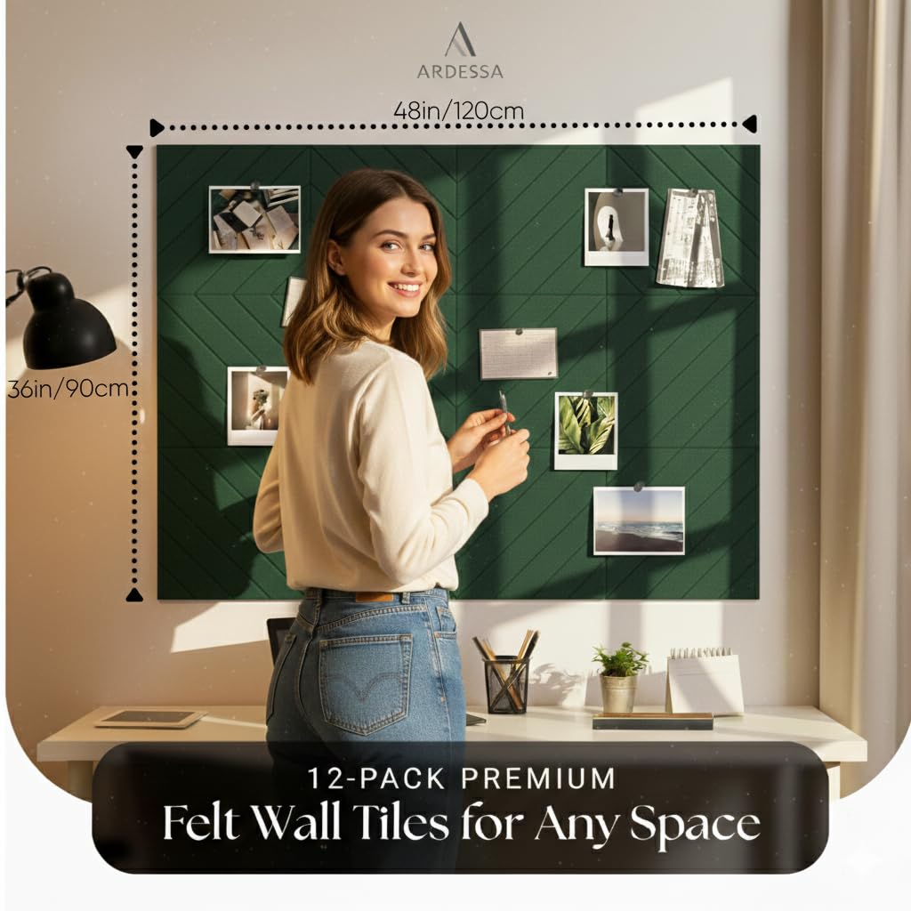 Felt Bulletin Board for Wall – Diagonal Slat Pinboard Tiles, Cork Board Alternative, 36x48in, Push Pins & Adhesive Tabs, Home Office & Classroom, 12-Pack (Velvet Green)