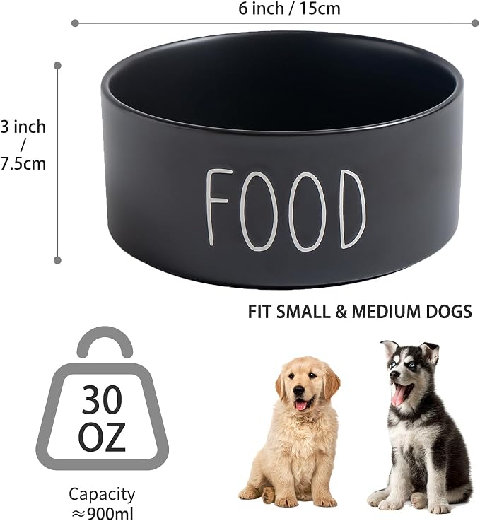 Ceramic Dog Bowls Set of 2 - Weighted Dog Dishes with Food & Water Lettering for Small and Medium Dogs, Food Grade Pet Bowl, Dishwasher & Microwave Safe (6 inch, 2 * 30oz, Black)