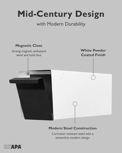 Ilyapa Modern Mailbox for Post Mount - White with Black Door Powder Coated Steel, Waterproof Letter Box for Parcels, with Recessed Magnetic Close Door