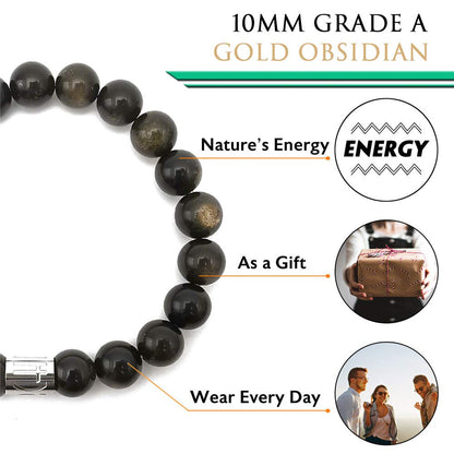 Morchic Gold Obsidian Stone Stretch Bracelet for Womens Mens, Genuine Semi Precious Gemstone 10mm Beads Classic Style Birthday Gift 8 Inches