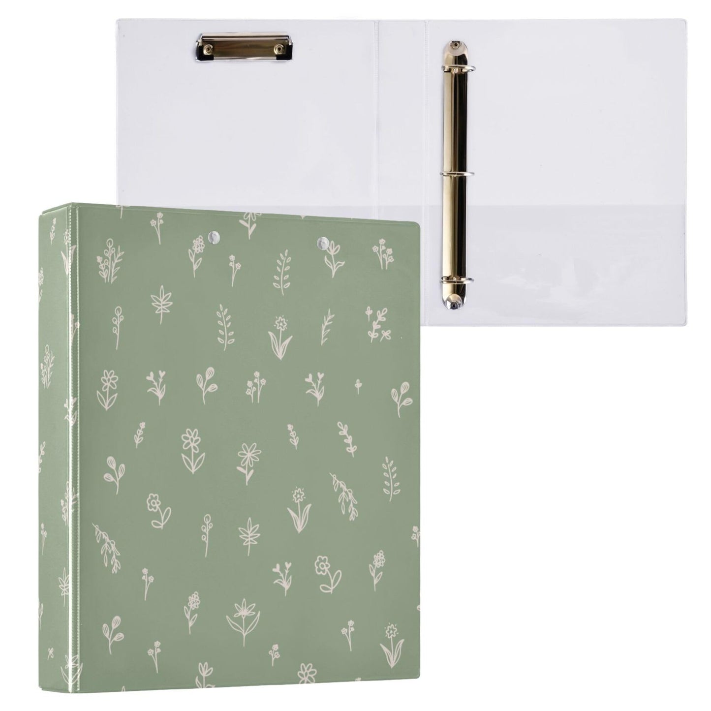 Sage Green Round Ring Binders 1.5 Inch Flowers Sunflower Daisy Leaves 3 Ring Clipboard Binder for Office School Work Supplies File Folder 200 Sheet Capacity Easy Open