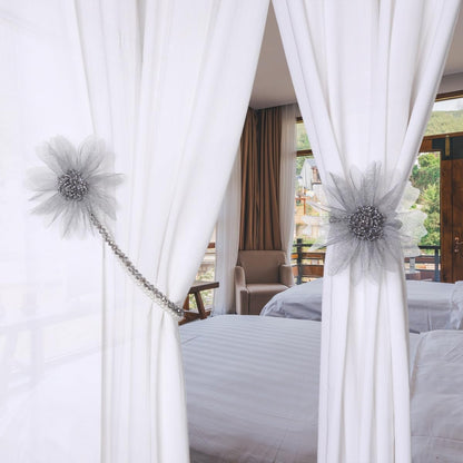 SUQ I OME 2 Pack of Handmade Crystal Pearl Beaded Magnetic Flower Curtain Tieback Holdback for Drapes（Gray