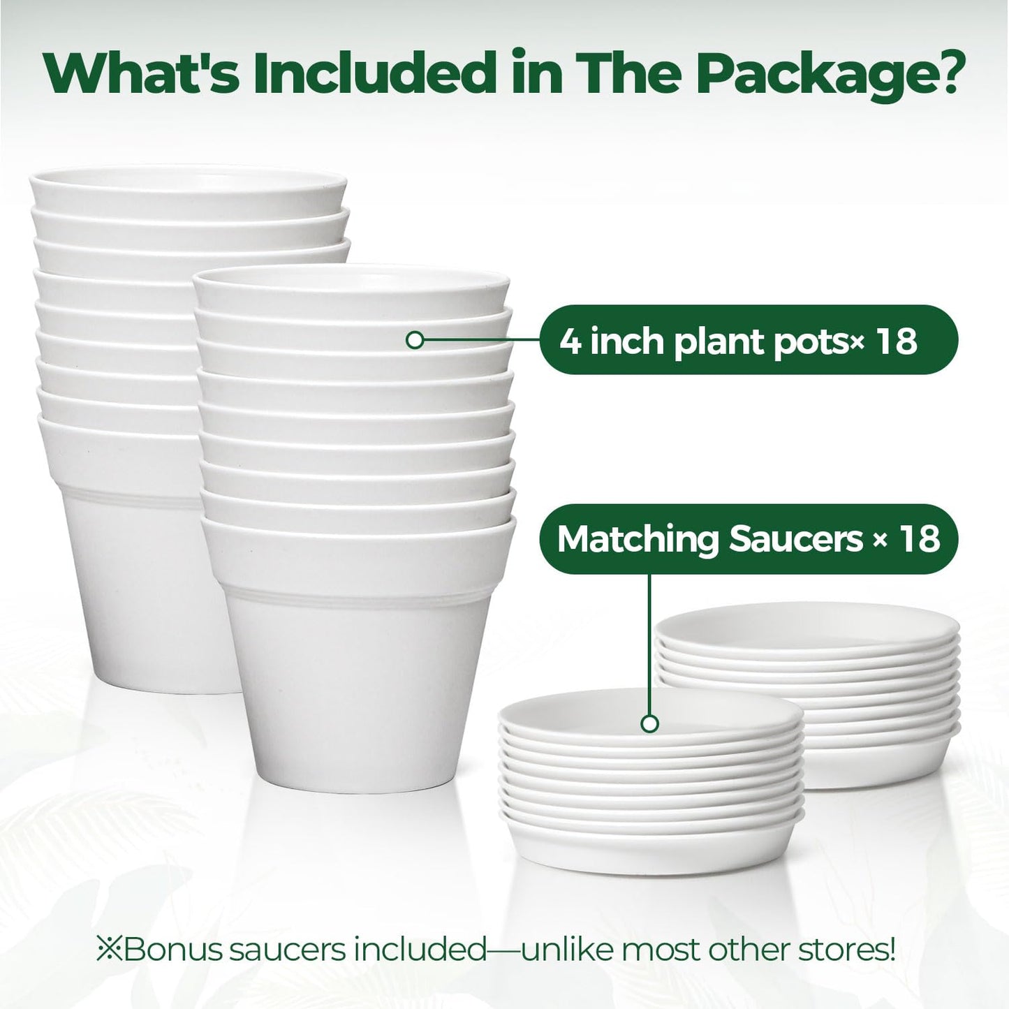 T4U 4 Inch Plant Pots 18-Pack, Small Flower Pots with Saucer and Drainage Hole, Durable Plastic Pots, Nursery Small Flower Pot Bulk for Plants, Succulent, Violet, Decorative (18 Pack 4" Pot, White)