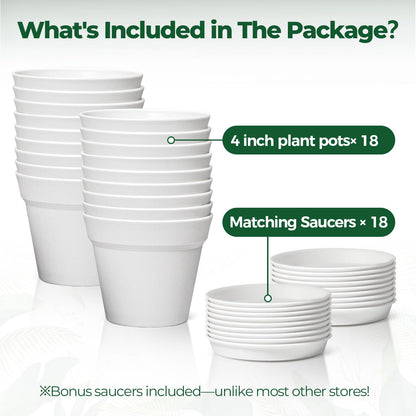 T4U 4 Inch Plant Pots 18-Pack, Small Flower Pots with Saucer and Drainage Hole, Durable Plastic Pots, Nursery Small Flower Pot Bulk for Plants, Succulent, Violet, Decorative (18 Pack 4" Pot, White)