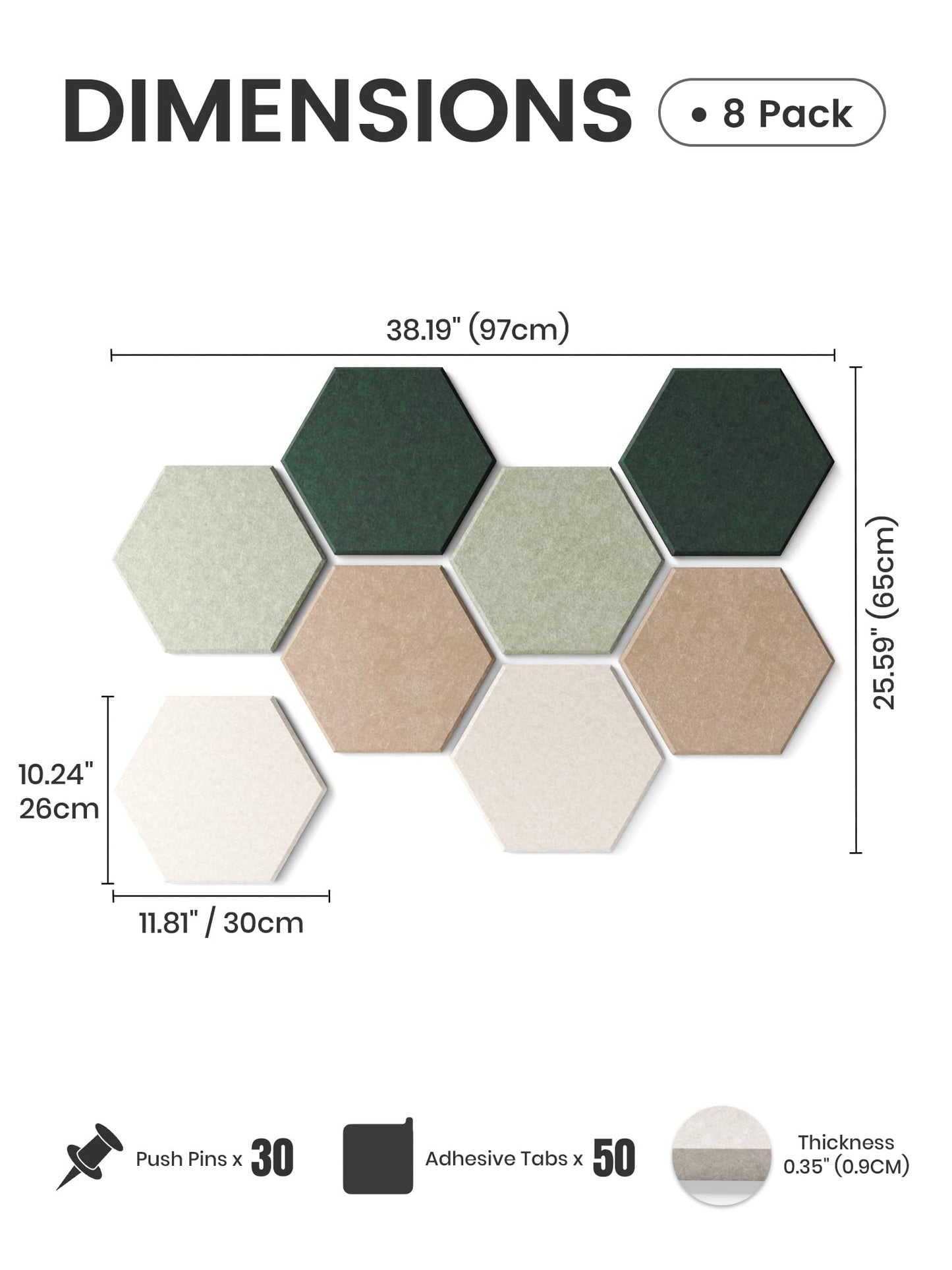 Fluxynara Hexagon Cork Board Alternative for Walls Decor-8-Pack Felt Bulletin Board Tiles,with 30 Pushpins,50 Adhesive Tabs for Office,Classrooms & Home Pin Board Felt Board-Nordic Moss