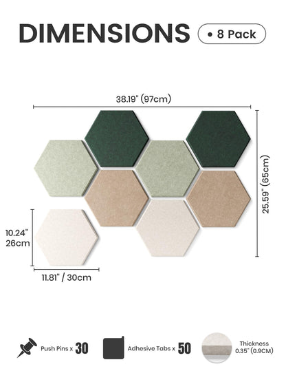 Fluxynara Hexagon Cork Board Alternative for Walls Decor-8-Pack Felt Bulletin Board Tiles,with 30 Pushpins,50 Adhesive Tabs for Office,Classrooms & Home Pin Board Felt Board-Nordic Moss