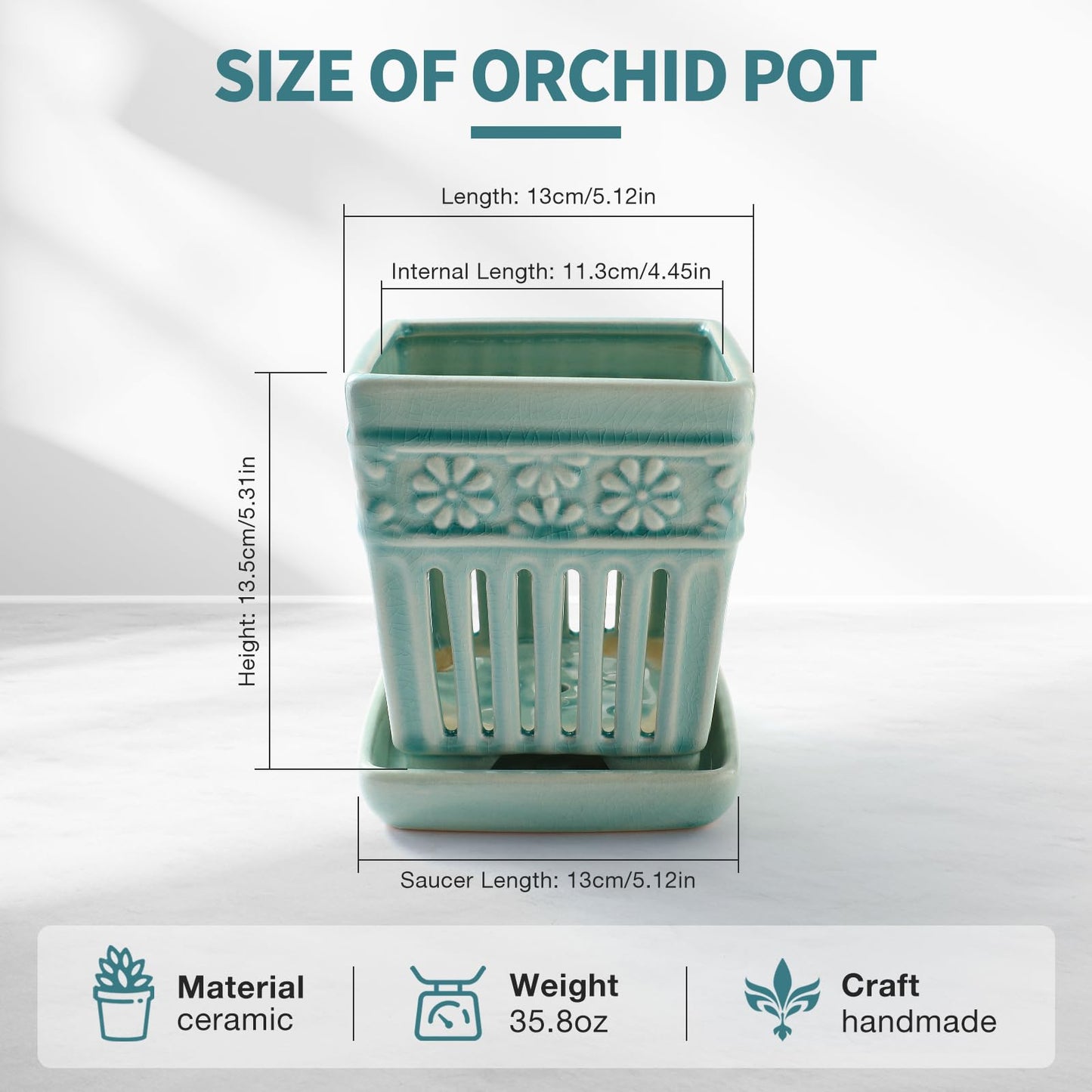SUADEN Orchid Pots with Holes | 5" Ceramic Orchid Planter with Separate Saucer and Drainage Holes | Crackle Glazed Pottery Small Flower Pot for Repotting Orchids（Blue）