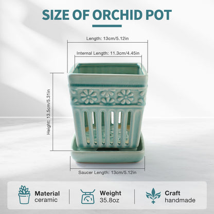 SUADEN Orchid Pots with Holes | 5" Ceramic Orchid Planter with Separate Saucer and Drainage Holes | Crackle Glazed Pottery Small Flower Pot for Repotting Orchids（Blue）