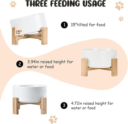 SPUNKYJUNKY 15° Slanted Ceramic Dog and Cat Bowl with Wooden Stand, Tilted Bulldog Food and Water Bowl No Slip Non-Spill for Cats Medium Dogs Big Face Pets 28.7 OZ (3.6 Cups, White)