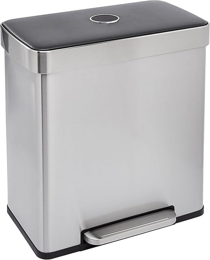 Amazon Basics Dual Compartment Recycling Trash Can with Soft-Close Lid, Fingerprint Resistant, Removable Liner Buckets, 60 Liters, Rectangular, Grey, Silver