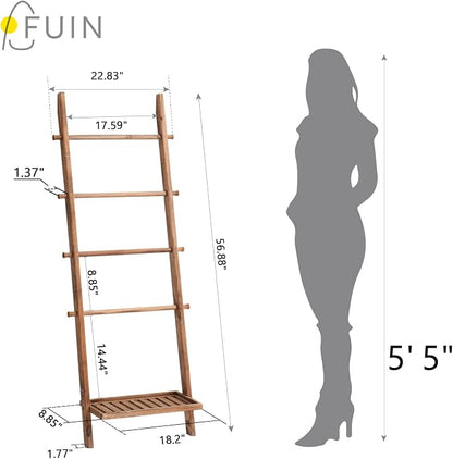 FUIN 5ft Wood Blanket Ladder with Bottom Shelf for Living Room Decorative Wall Leaning Farmhouse Quilt Display Holder Storage Rustic Wooden Towel Rack for Bathroom, Light Brown