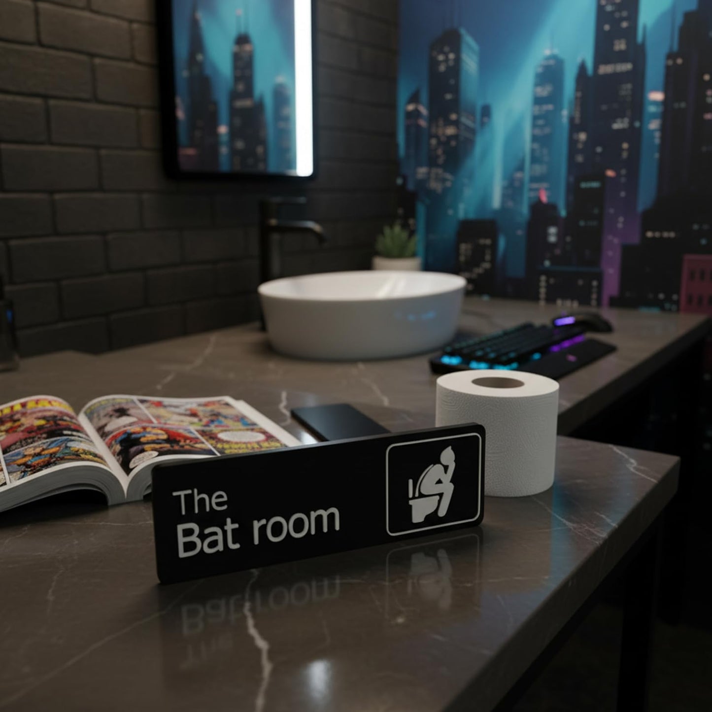 Falnvita Funny The Bat Room Sign - Heroic Themed Bathroom Decor for Office & Home - Humorous Restroom Door Plaque, Unique Gift for Comic Fans, Sleek Black Wall Art