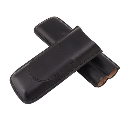 OEBUAFI 2 Finger Faux Leather Cigar Case, Premium Soft Touch Travel Holder with Front Pocket for Cutter, Elegant Sewing Technology Lightweight Durable Men (Black)