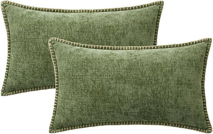 MIULEE Pack of 2 Lumbar Throw Pillow Covers 12x20 Inch Sage Green Farmhouse Decorative Pillow Covers with Stitched Edge Soft Chenille Solid Dyed Summer Pillow Covers for Couch Sofa Bed Living Room