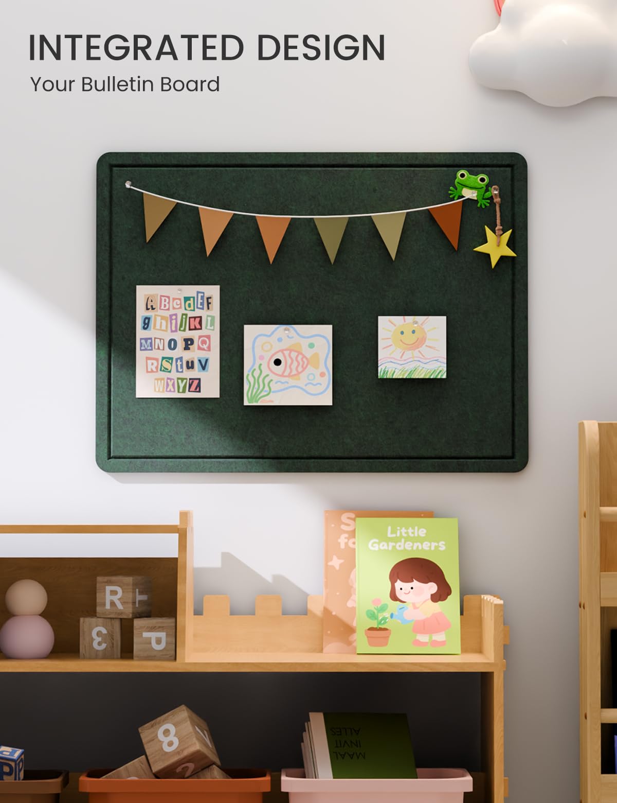 Fluxynara Bulletin Board, 23.6" x 17.5" Cork Board Alternative with 12 Safe Removable Adhesive Tabs, Foldable Felt Pin Board for Home Office, Classroom, Bedroom,Entryway for Walls—Pine Green