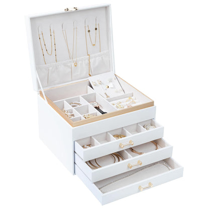 V-LAFUYLIFE Jewelry Box for Women,4-Layer Leather Jewelry Holder Organizer with 3 Drawers Large Jewelry Storage Boxes, Lots of Storage Space For Ring,Necklace,Bracelets,Earring（White）