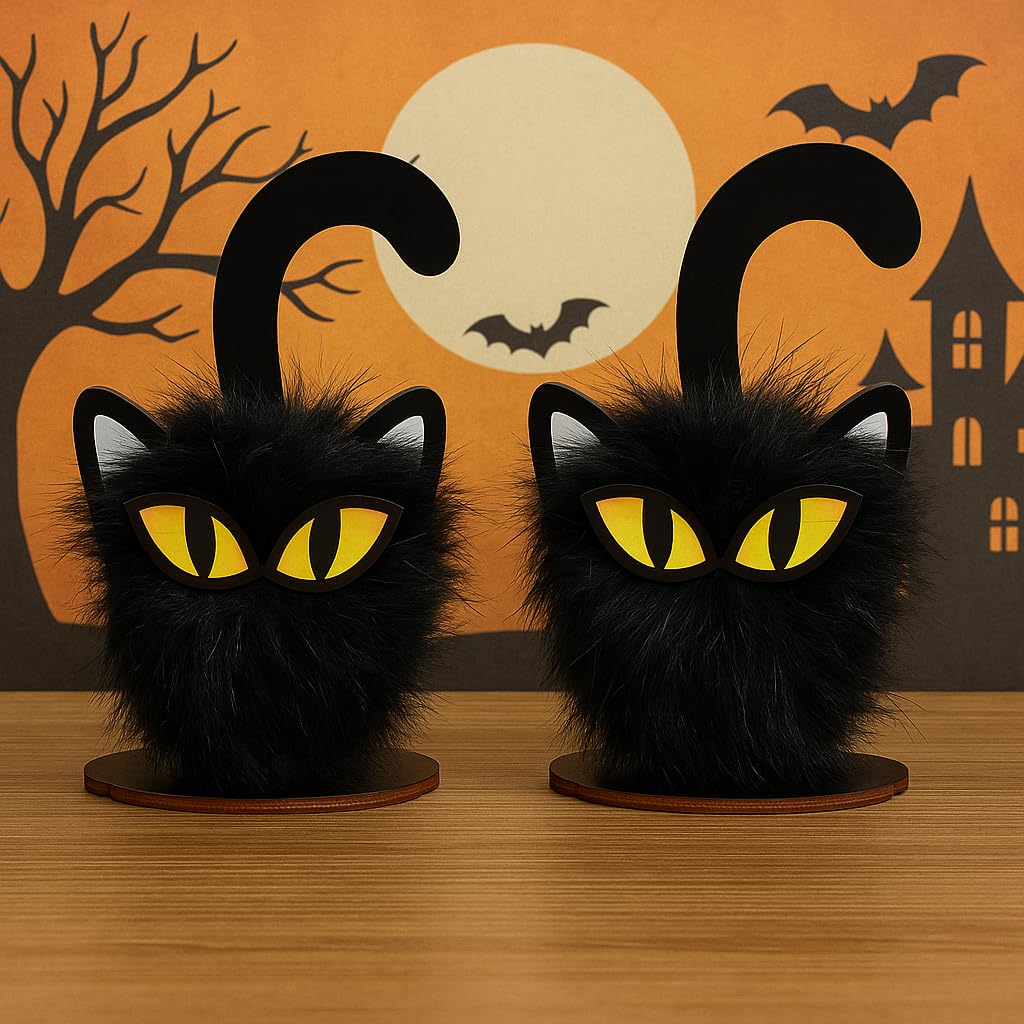 HH Family Halloween Table Decor Black Cat 2 Pack, Rustic Wooden Decorations for Tabletop Tiered Tray Shelf or Mantel