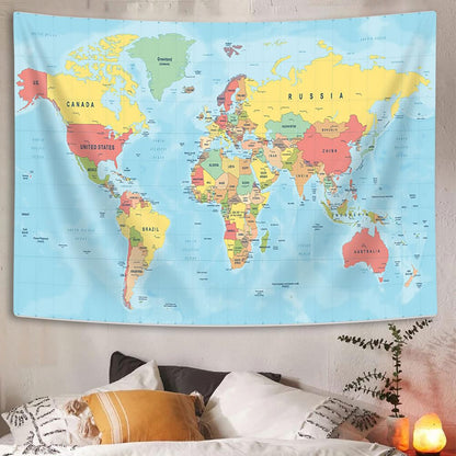 VeiVian World Map Tapestry, Asia Europe South City Topography America Africa Japan Poster Tapestries, Educational Kids Student Map of World Tapestry for Bedroom Living Room Home Office, 80X60in