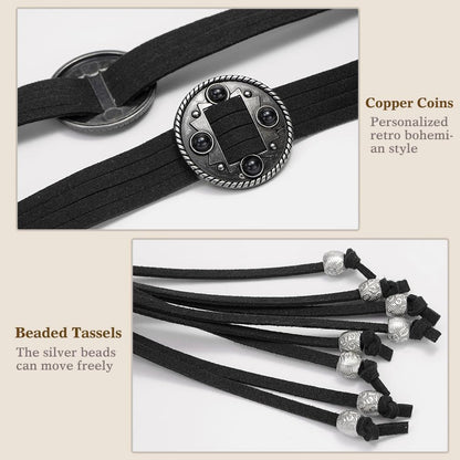 Buywis Women Knotted Waist Belt Bohemian Style Tassel Belt Vintage PU Leather Belts for Dresses Black Fit Waist 27.6"-39.4"