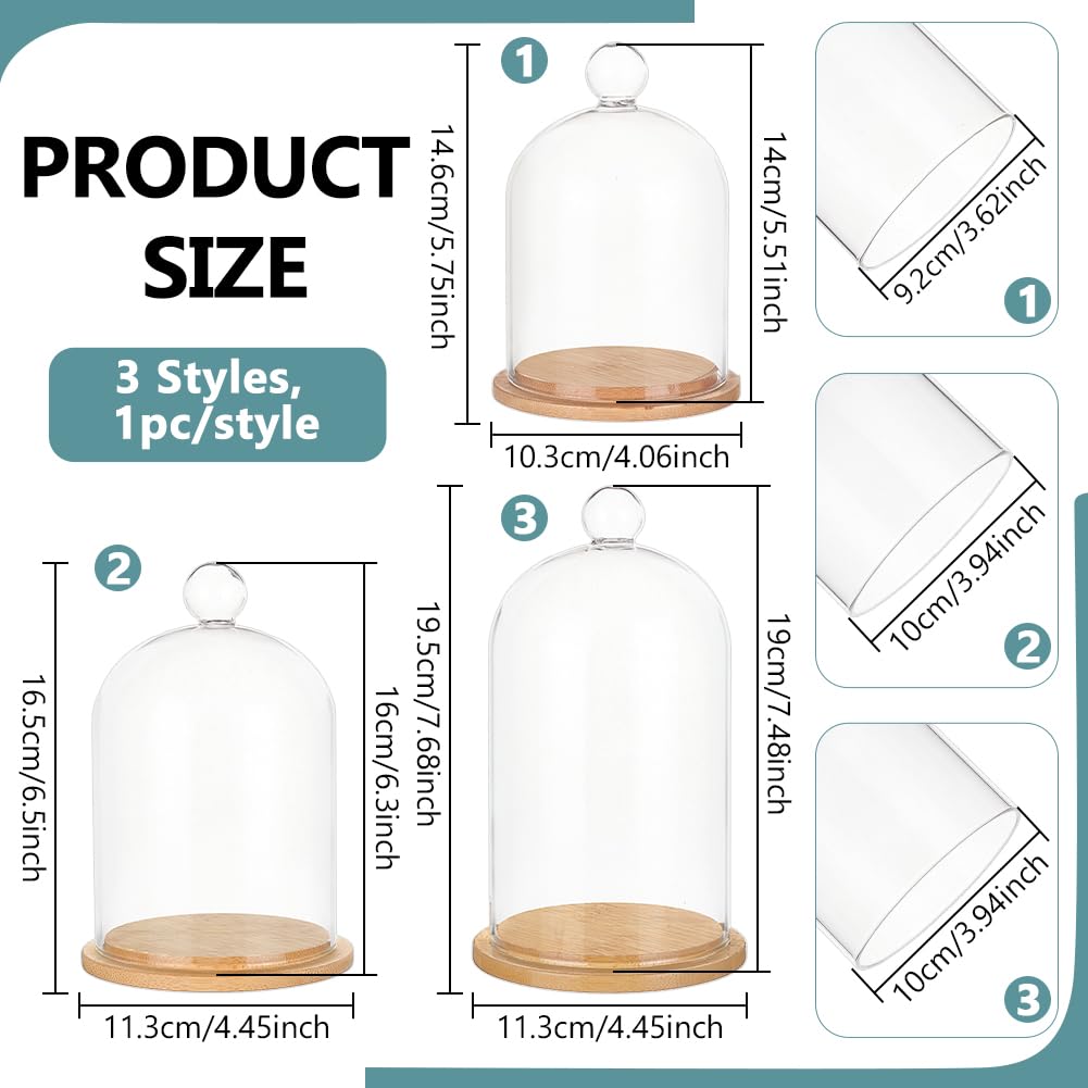 BENECREAT 3 Styles Glass Bell Shape Dome, Glass Cloche Display Dome Cloche Bell Jar Terrarium with Bamboo Base for Home Party Wedding Decor