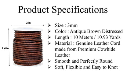 GENIQUE Real/Genuine Round Leather Cord for Jewelry Making, Leather String Cord for Crafting, Necklace, Bracelets, Braiding, Wraps (3mm, Antique Brown Distressed)