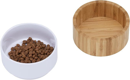 Teamson Pets Billie Elevated Ceramic Pet Bowl with Bamboo Stand,Brown