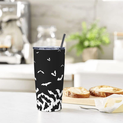 TOUNHEYA Halloween Bat Tumbler with Lid and Straw Black White 20oz Insulated Stainless Steel Cup Animal Travel Coffee Mug Water Bottle for Women Gift for Birthday Christmas