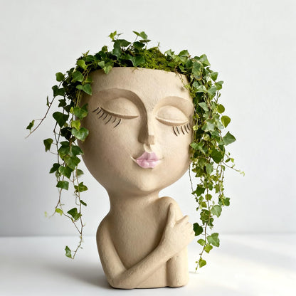 LuckyVin Face/Head Planters, Women Face Small Plant/Flower Pots with Drainage for Indoor Outdoor Succulents (Khaki)
