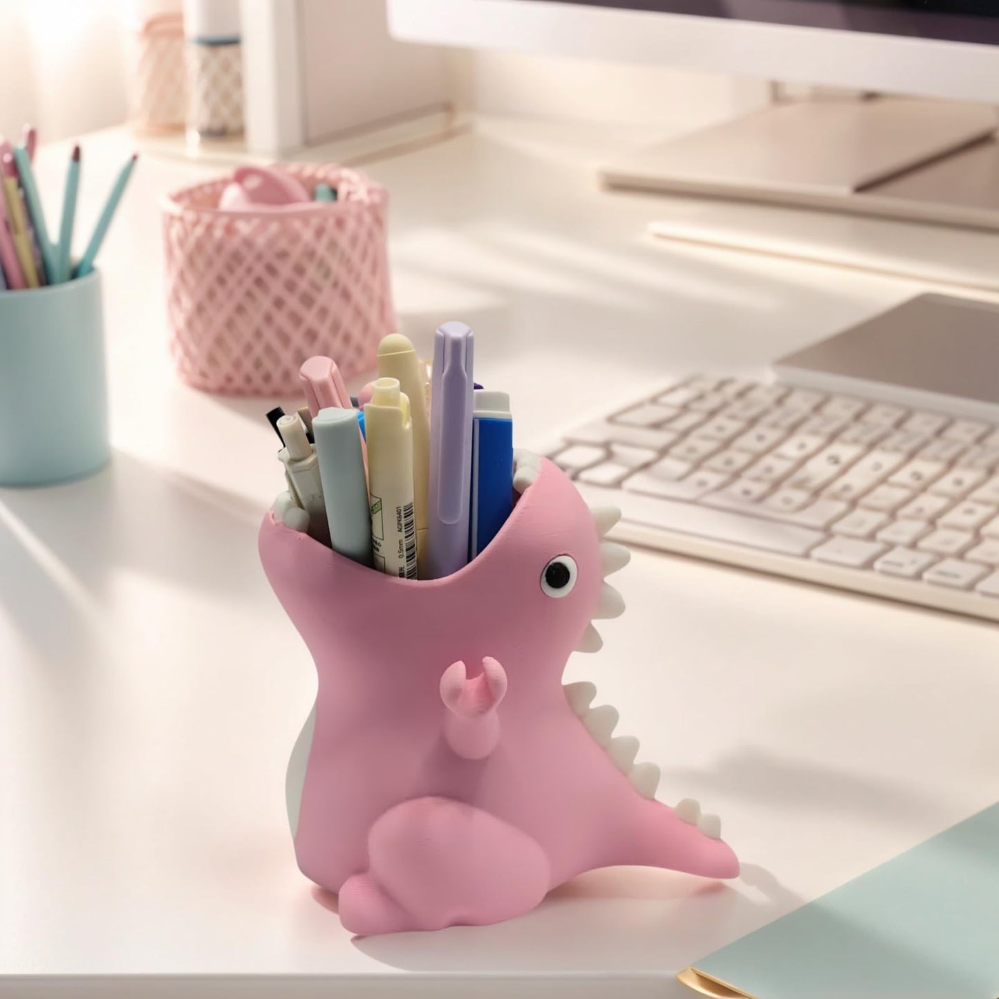 TIME&TRAVE Cute Dinosaur Pen Holder for Desk, Creative Pencil Holder Desk Organizers, Office Supplies Decorations Idea Gift for Women Kids (Pink)