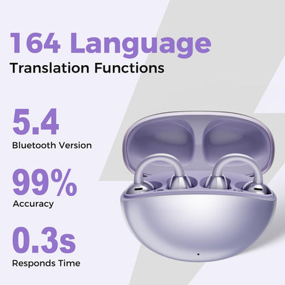 AI Translation Earbuds Real Time, 164 Language Translator Earbuds, 3-in-1 Wireless Clip on Earbuds, Bluetooth 5.4 Headphones, Translating Device for Travel Business Learning (Purple)